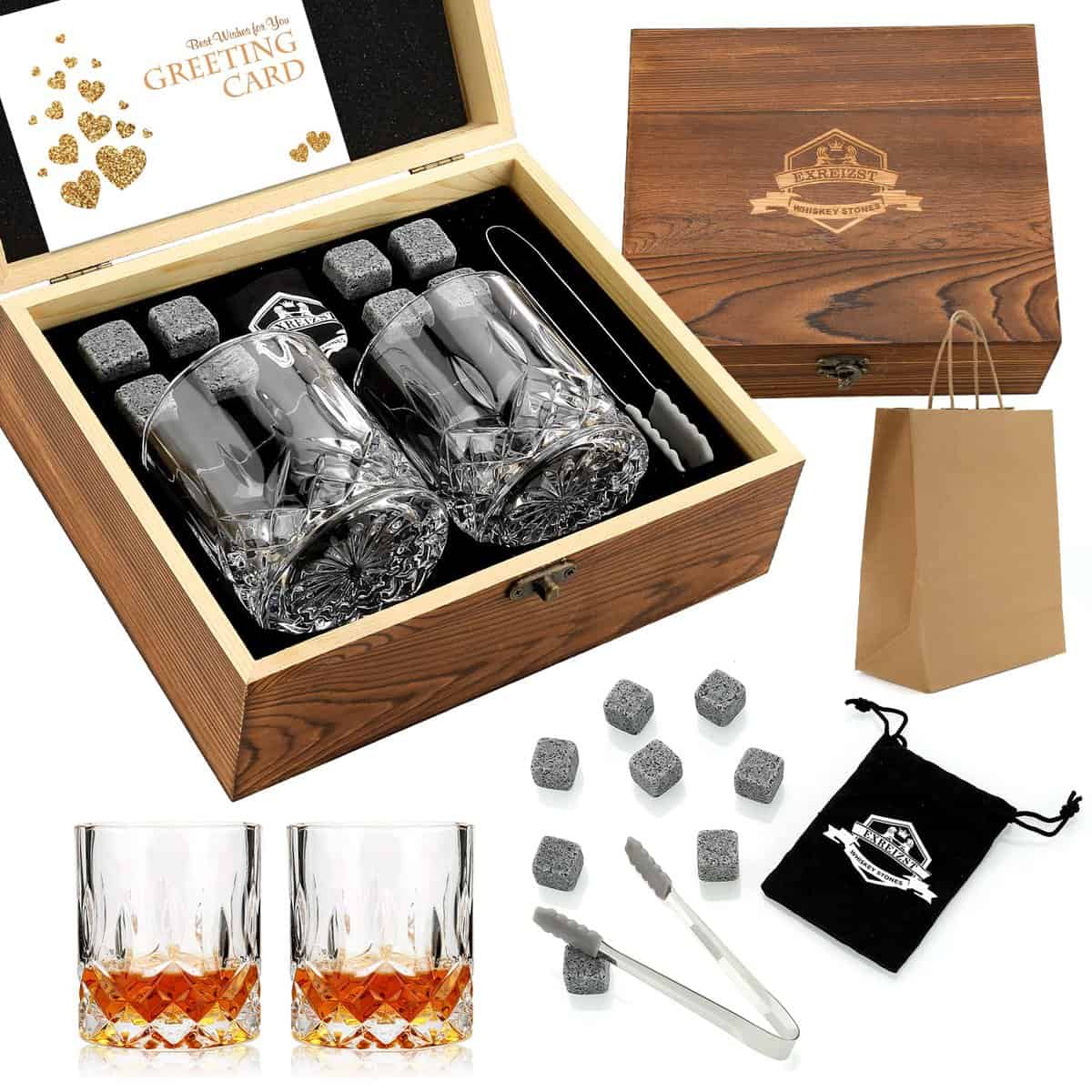 exreizst Whisky Steine Geschenkset, Whisky-Geschenkset, kann den Wein abkühlen, ohne Whisky-Getränke zu verdünnen - Whiskyglas-Set 2, Geschenke für Väter, Ehemänner und Männer (Whisky Stein Set)