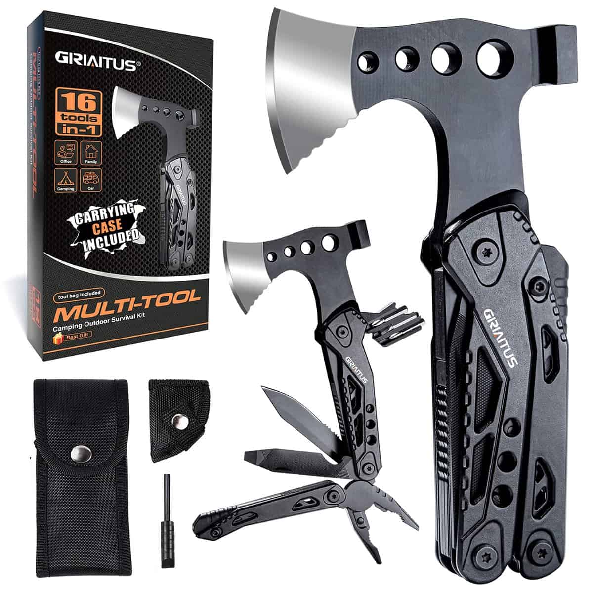 Camping Multitool Zubehör Geschenke für Männer Väter 16 in 1 Verbessertes Multi-Tool Survival Gear mit Axt Hammer Zange Säge Schraubendreher Flaschenöffner Pfeife & tragbare Hülle zum Wandern, Jagen