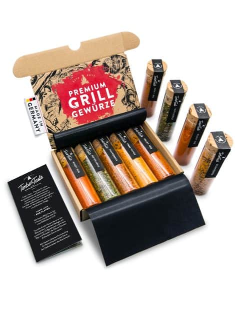 TIMBER TASTE® Grillgewürze Set für Männer – 5 köstliche BBQ Grillgewürze mit Rezepten – Weihnachtsgeschenk für Männer – Gewürzset für Grillfans.