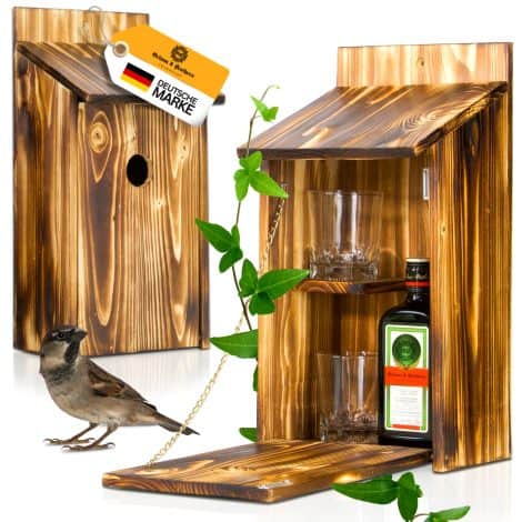 Grimm & Brothers: Vogelhaus-Whiskybar – mit 2 Gläsern – Witziges Geschenk für Männer, Schnapsbar, Zwitscherkasten für den Garten