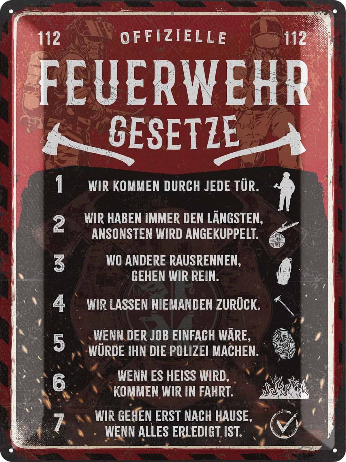 LANOLU XXL Retro Blechschild - Feuerwehrregeln - Feuerwehrmann Geschenke für Männer, Geschenkideen für Männer, Feuerwehr Deko Schild - Metallschild mit Stanzung in 30x40cm