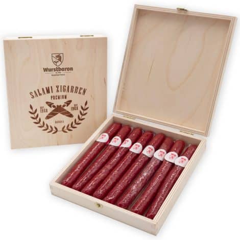 Salami-Wurststäbchen in edler Holz-Geschenkbox/Perfektes Männer-Geschenk/Wurstsnack-Geschenkidee erstklassiger Qualität.