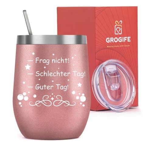 Lustiger Thermo-Kaffeebecher mit Spruch, ideal als Weihnachts- oder Geburtstagsgeschenk für Frauen: Grogife Geschenke für Frauen.