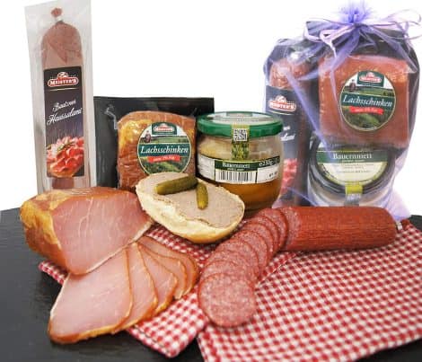 Wurstgeschenk aus der Oberlausitz | Premium Salami und geräucherter Schinken im Geschenkkorb | Fleisch- & Wurstspezialitäten inklusive Mettwurst im Glas.