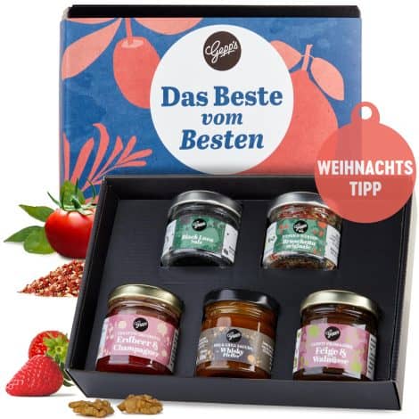 Gepp’s Feinkost Weihnachtsbox mit Gewürzen, Konfitüren & Edelsauce I ideal zum Verschenken oder selber genießen I 5 x 50ml.