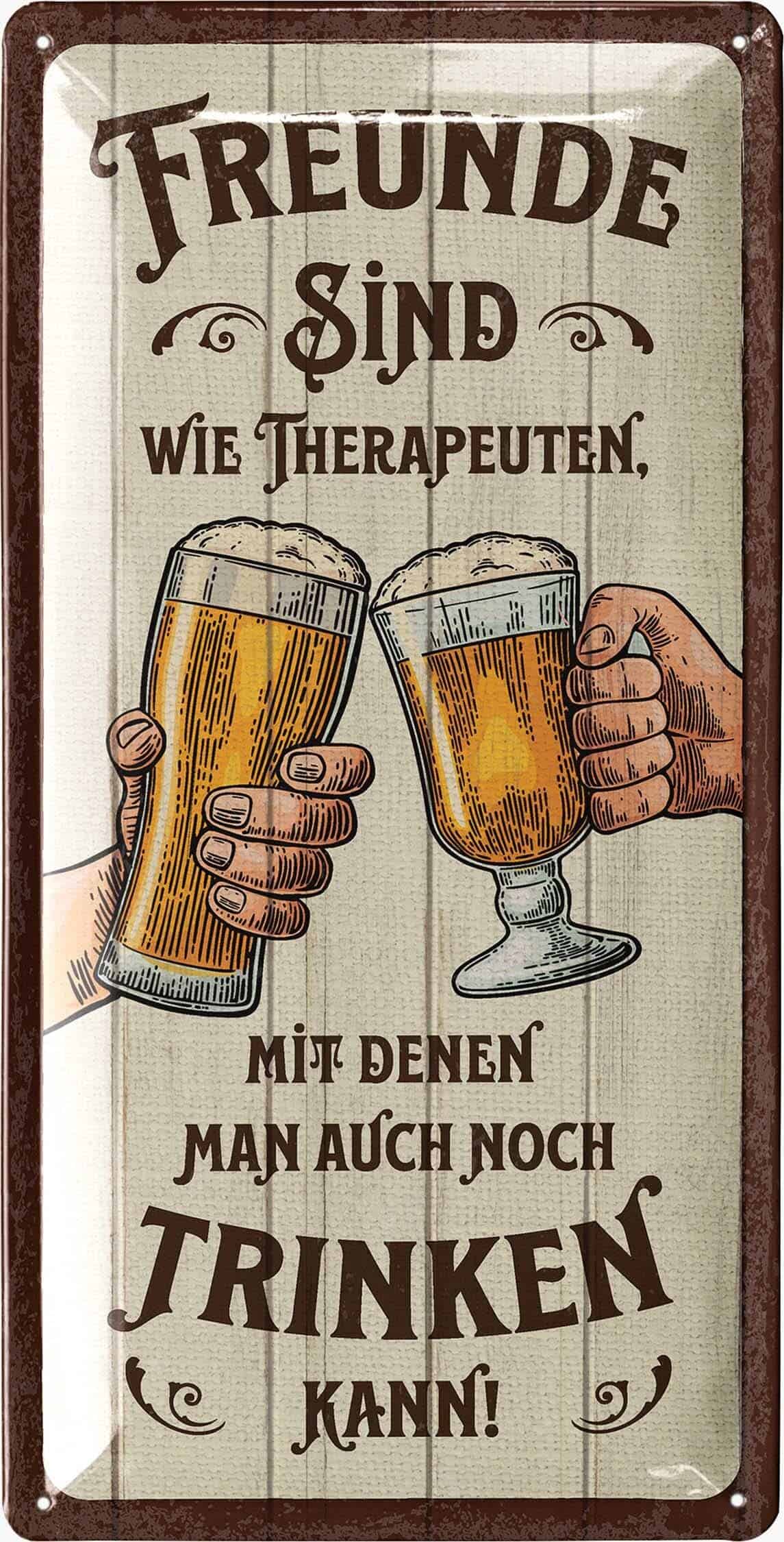 LANOLU Retro Blechschild Bier "BESTE FREUNDE SIND WIE THERAPEUTEN" - lustige Schilder mit Sprüchen, Bar Dekoration für Partykeller, Kneipen Bardeko - Geschenkidee Papa zum Vatertag 16x32cm