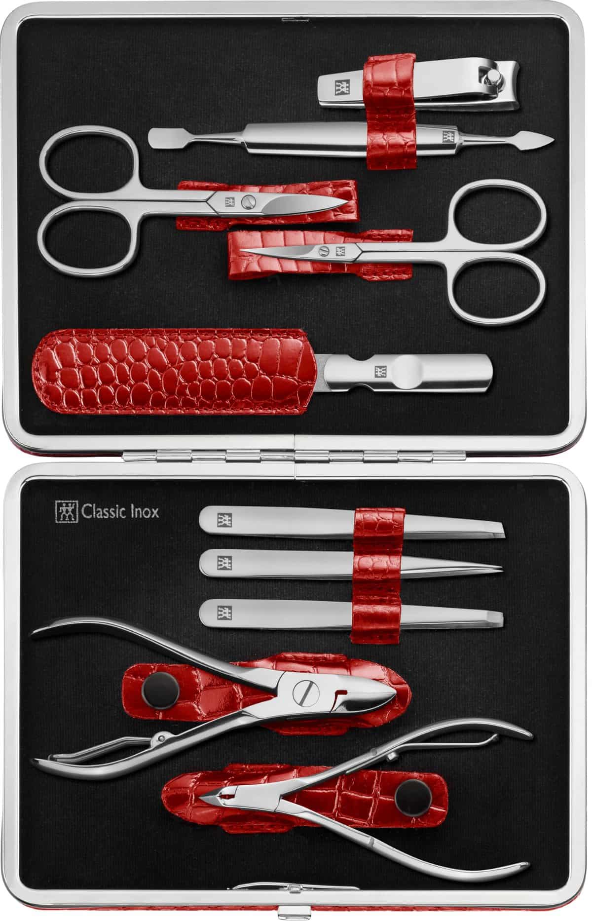 ZWILLING Maniküre Set Pediküre Kit, Nagelpflege Komplettset, Rindleder, Kroko Edition, 10-teilig, Rot