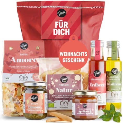 Weihnachtliche Überraschung von Gepp’s Feinkost mit leckeren Delikatessen wie Herzpasta und Aprikose-Thymian-Marmelade. Perfekt für Freundin oder Mama.