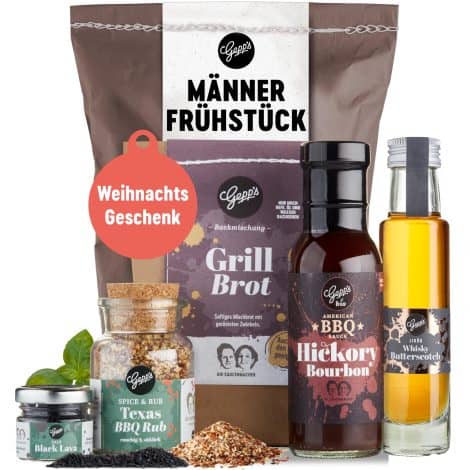 Weihnachtliches Männerfrühstück-Paket: Bio Grill- und BBQ-Saucen, Texas Super Rub, Black Lava Salz und Grissini zum Grillen.