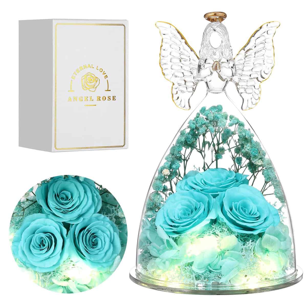 Faneeyo Engel Geschenke für Frauen, DREI Konservierte Blume Rosen in Glas Engel Geburtstagsgeschenk für Sie, Engel Rose Figuren Geschenk für Valentinstag Muttertag Weihnachten.AquaBlau