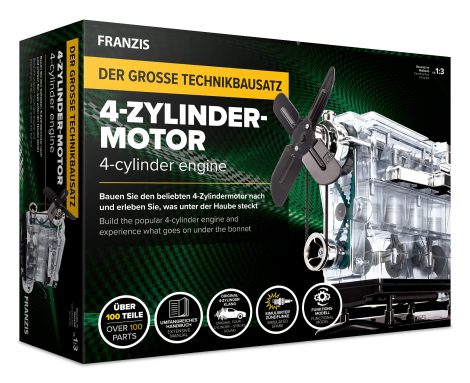 FRANZIS 67175 – Der beeindruckende Bausatz für einen 4-Zylinder-Motor im Maßstab 1:3, 100 Teile zum Zusammenstecken und Schrauben, enthält Soundmodul, Anleitung und Begleitbuch.