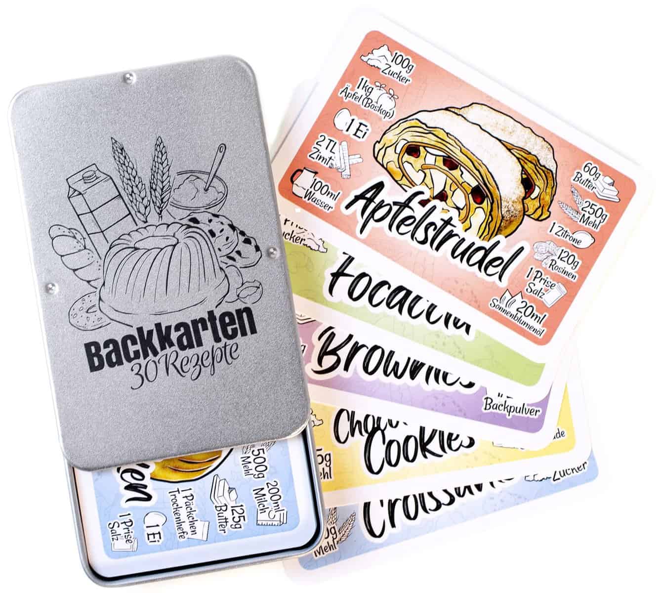 Chroma Products Backrezepte auf 30 Karten: Backen Geschenk mit Abbildungen und Erklärungen in Metalldose, Kartenspiel statt Backen Buch, für Anfänger und Fortgeschrittene