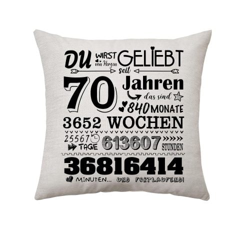 70. Geburtstag Dekokissen in der Größe 45 x 45 cm als Geschenkidee für Frau, Mann und Verwandte.