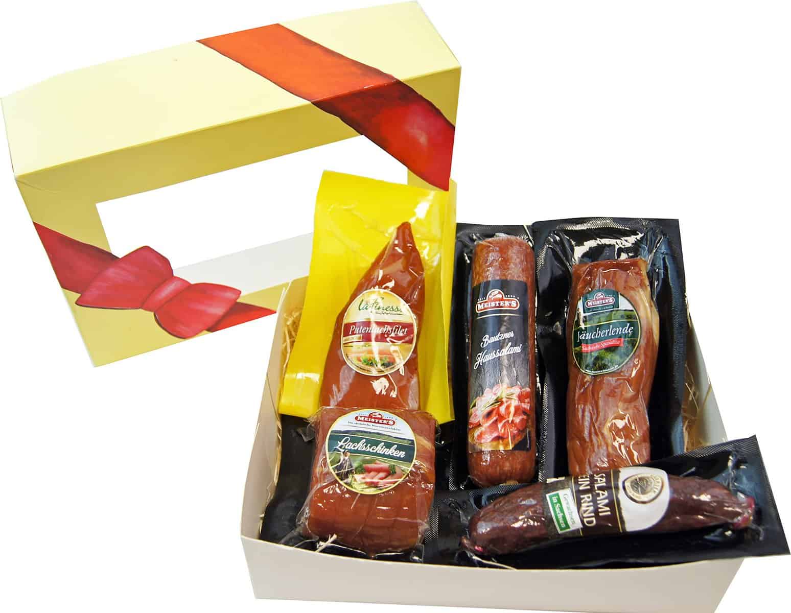 Schinken Salami Set Gourmet Auslese Geschenk | Rindersalami ganze Wurst | Räucherlende | Putenschinken | Lachsschinken am Stück