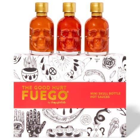 Durchdacht – Der würzige Schmerz Fuego, extrem scharfe Saucen, 3 Totenkopfflaschen, Geschmack: Mango Ghost, Kirsche Bourbon und Carolina Reaper.