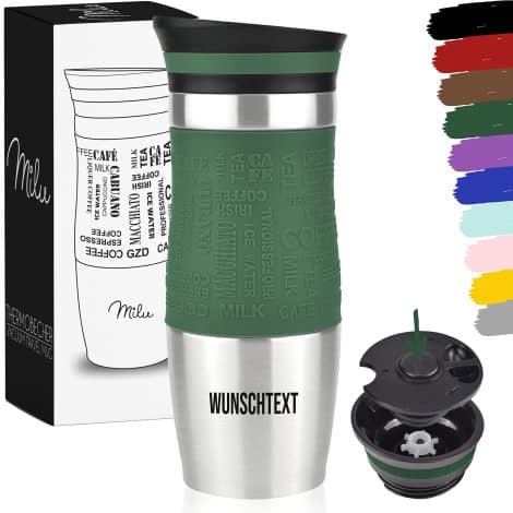 Milu personalisierter Thermo-Becher mit Gravur – Ideales Weihnachtsgeschenk für Männer, Frauen, Mama, Papa, Freundin. (370 ml, Olivgrün)