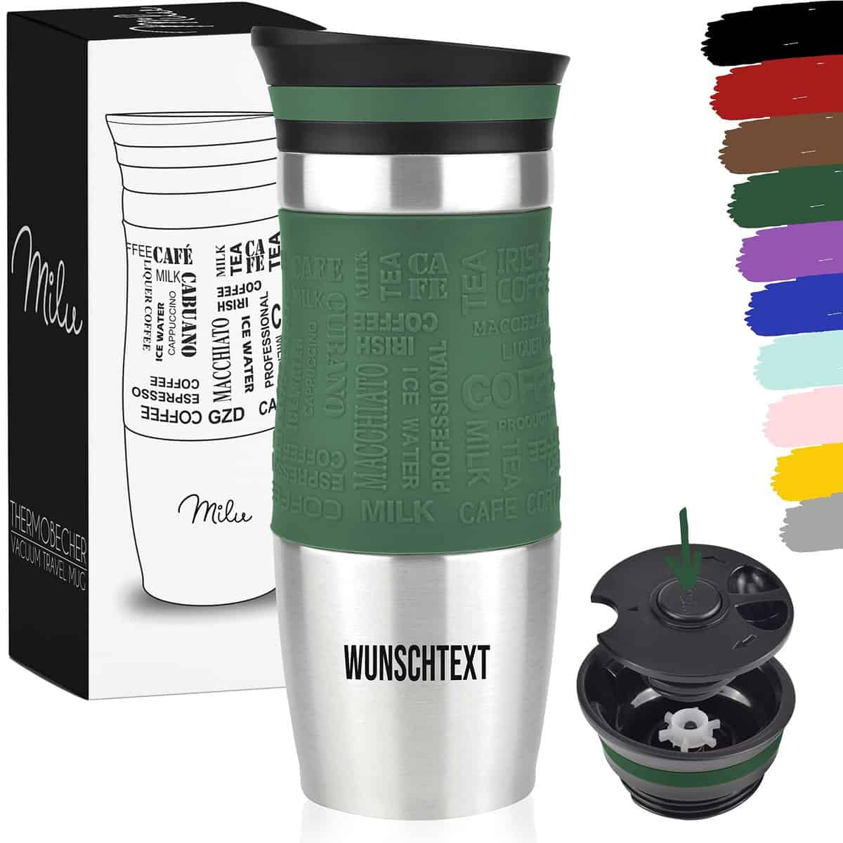 Milu Thermobecher mit Gravur - 370ml 450ml - Geschenkidee personalisiertes Geschenk mit Namen Weihnachten für Männer Frauen Mama Papa Freundin (370ml, Olivgrün)