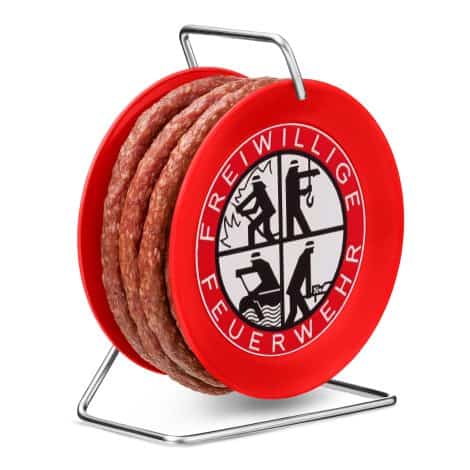 Wurstbaron® – Salami auf Feuerwehr-Trommel – Snack Wurst in kleiner Kabeltrommel – Freiwillige Feuerwehr Modell – 3,5m Krakauer Wurst – 240g.