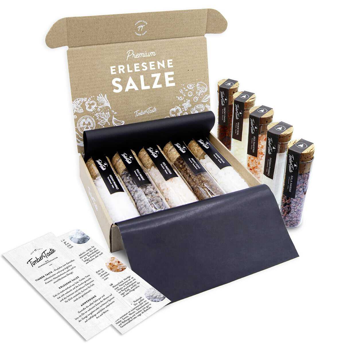 TIMBER TASTE® Gourmet Salz Gewürze Geschenkset für Frauen & Männer | 5 erlesene Salze aus aller Welt | Weihnachtsgeschenke Set Männer & Frauen | Geschenkset Weihnachten Papa & Mama | Salz Gewürze Set