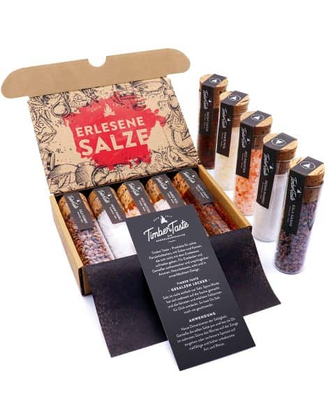 TIMBER TASTE® Gourmet Salz Gewürze Geschenkset | 5 exquisite Salze aus verschiedenen Ländern | Gewürze Set als Geburtstagsgeschenk | Besonderes Set für Erwachsene.