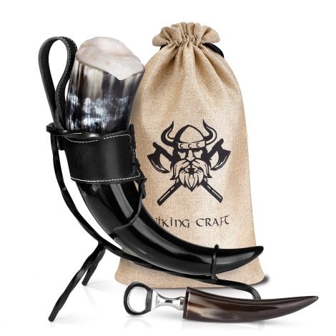 Viking Craft® Großes 450ml Trinkhorn-Set mit Ständer für Honigwein  Perfekt für Mittelalterfans und LARP.