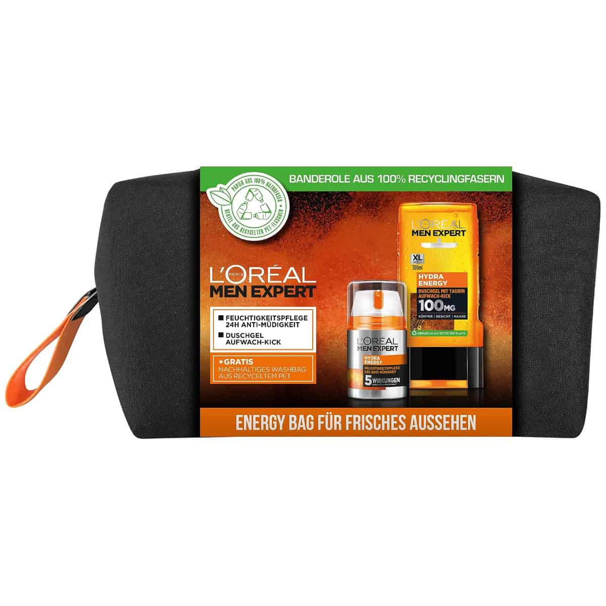 L'Oréal Men Expert Geschenkset für Männer, Mit Duschgel und 24h Feuchtigkeitspflege, Mit Taurin, Minze sowie Vitamin C, Inklusive Kulturbeutel, Hydra Energy Pflegeset, 1 x 350 ml