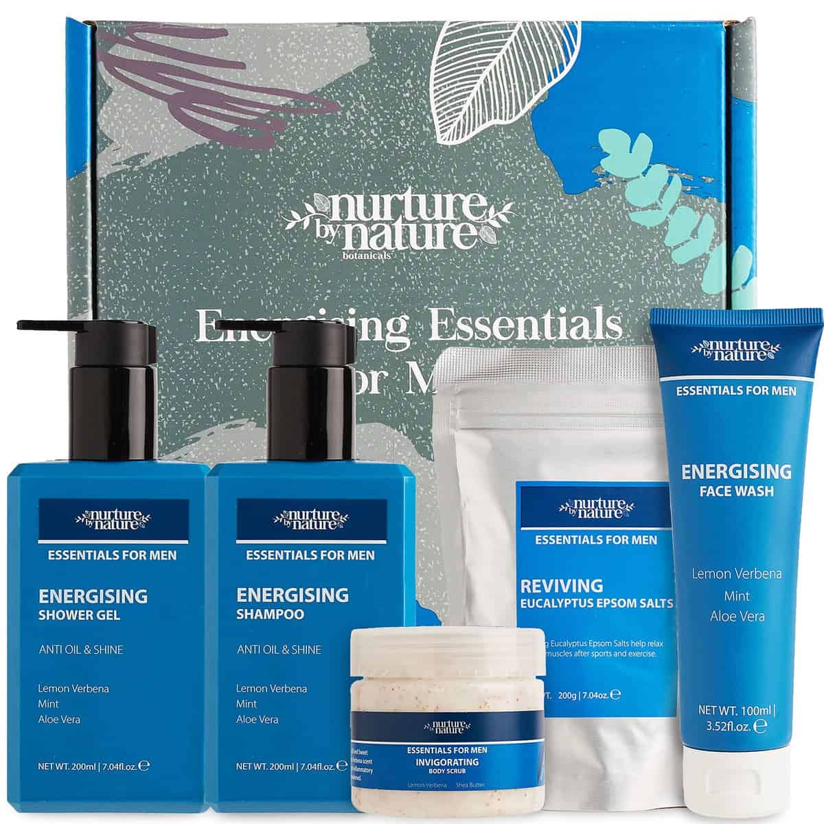 Nurture by Nature Herren Toilettenartikel Geschenkset, Geschenkset für Männer, Duschgel, Shampoo, Gesichtswäsche, Körperpeeling, Bittersalz, Gym Toiletry Set, Vatertagsgeschenk