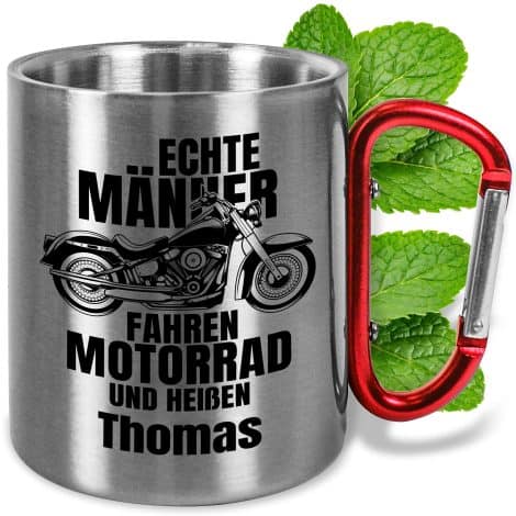 Personalisiert Edelstahl-Tasse 330ml mit Karabiner “Männer fahren Motorrad und heißen WUNSCHNAME” – Geschenk für Motorradfahrer.