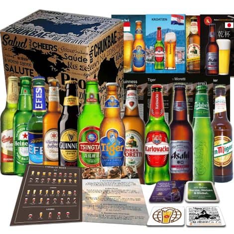 12 verschiedene Biere aus der ganzen Welt, perfekt als Geburtstagsgeschenk für Männer.