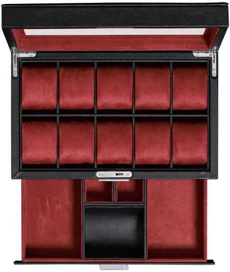 Leder-Uhrenbox von ROTHWELL, 10 Fächer + Schublade, abschließbar, Luxus-Etui für Uhren mit Glasdeckel (Schwarz/Rot).