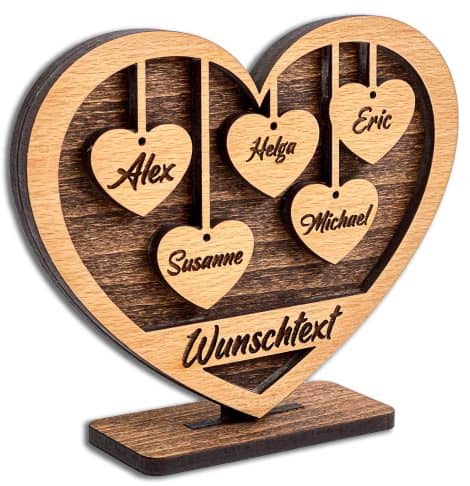 DARO Design – Holzherz mit Gravur – Wunschtext & 5 Namen – Geschenk für Familie, Freunde – Größe 15x12x4cm – Einzigartig, persönlich.