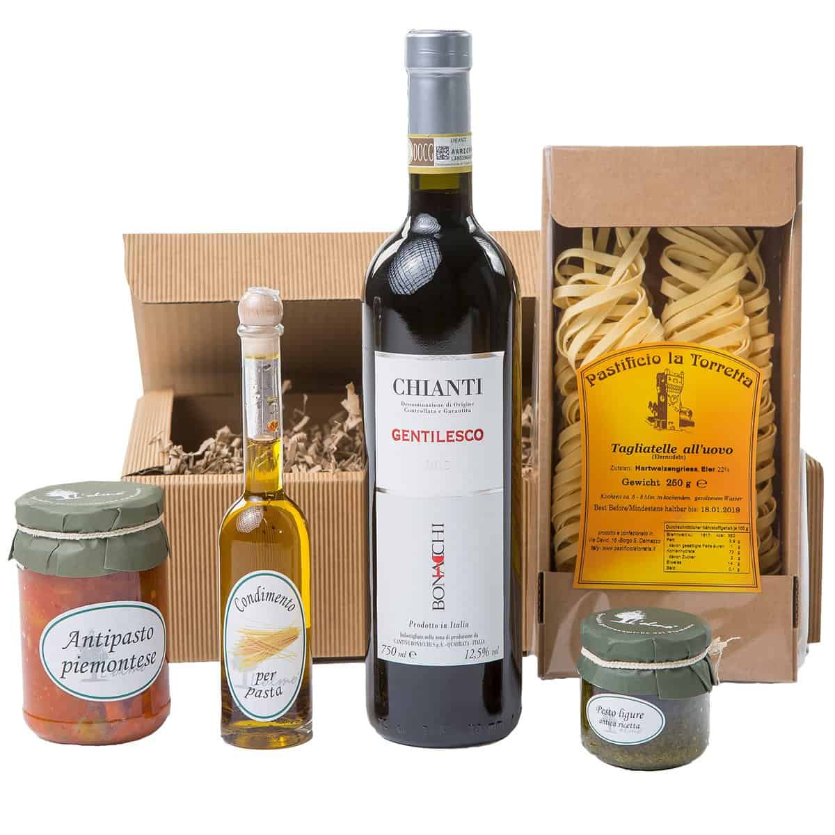 The Wine Guys Geschenk-Set Präsentkorb "Tavola Italiano" mit Piemonteser Feinkost und Chianti, Antipasti, Pesto Ligure, Würzöl 75 cl