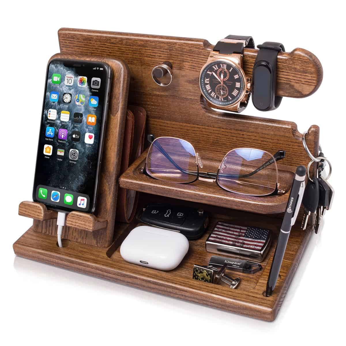 TESLYAR Holz Telefon Dockingstation & Schreibtisch Organizer Holz mit Handyständer Beige für Büro Aufbewahrung & Organisation/Tolle Geschenkideen für Männer/Holz Geschenke für Väter Weihnachten