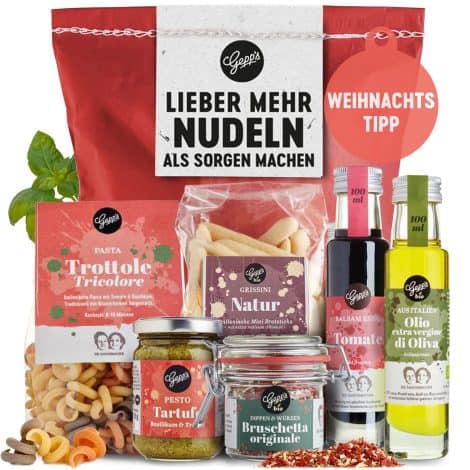 Gepp’s Feinkost Überraschungstasche – Mache dir lieber keine Sorgen und genieße mehr Pasta. Witziges Geschenkset mit italienischer Pasta und leckeren Delikatessen wie Pesto Limone und Bio Bruschetta Dip.