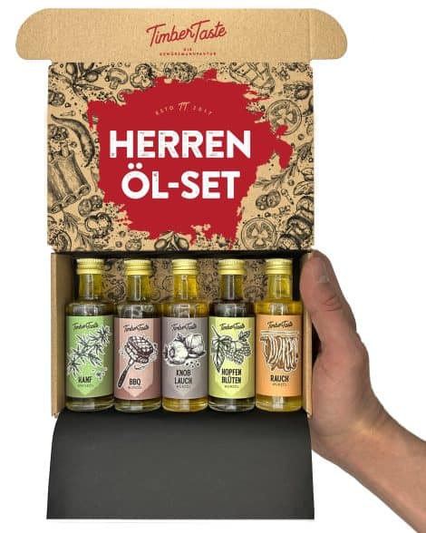 TIMBER TASTE® Essig & Öl Geschenkset [für Männer] | 5 ausgewählte Essige & Speiseöle [5x40ml] | Kochbox Koch Set | Öle Gewürze Geschenke Set Weihnachten Vater & Mutter | Weihnachtsgeschenke Set für Männer