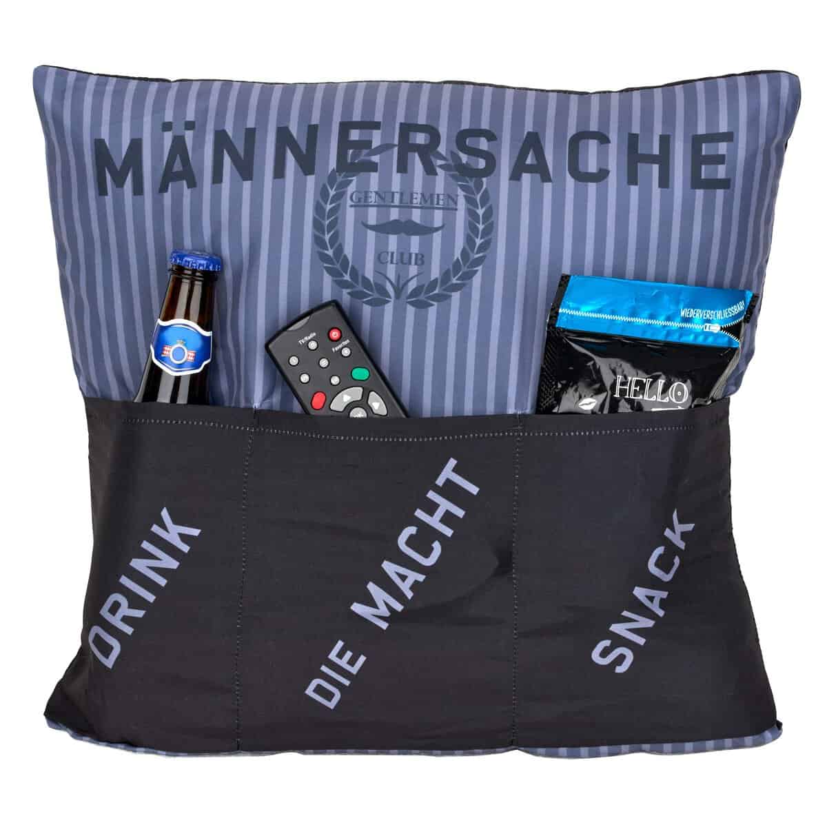 Kamaca Originelles Dekokissen Kissen MÄNNERSACHE mit 3 Taschen zum selber Befüllen Größe 43x43 cm tolles Geschenk für EIN gelungenen Sofaabend Filmabend (Männersache)