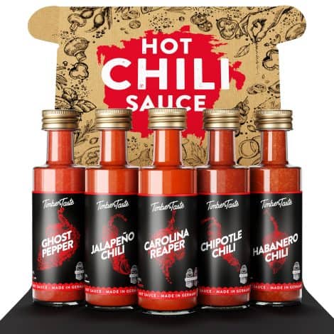 TIMBER TASTE® Chili Sauce Probierset [5 x 40 ml] – Scharfe Soßen zum Verschenken – Ideales Weihnachtsgeschenk für Männer & Frauen.