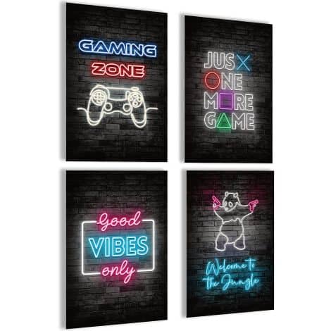 Mojoliving Gamer Zimmer Deko: Bilderset mit Neon-Sign Motiven für coole Geschenke im Jugendzimmer.