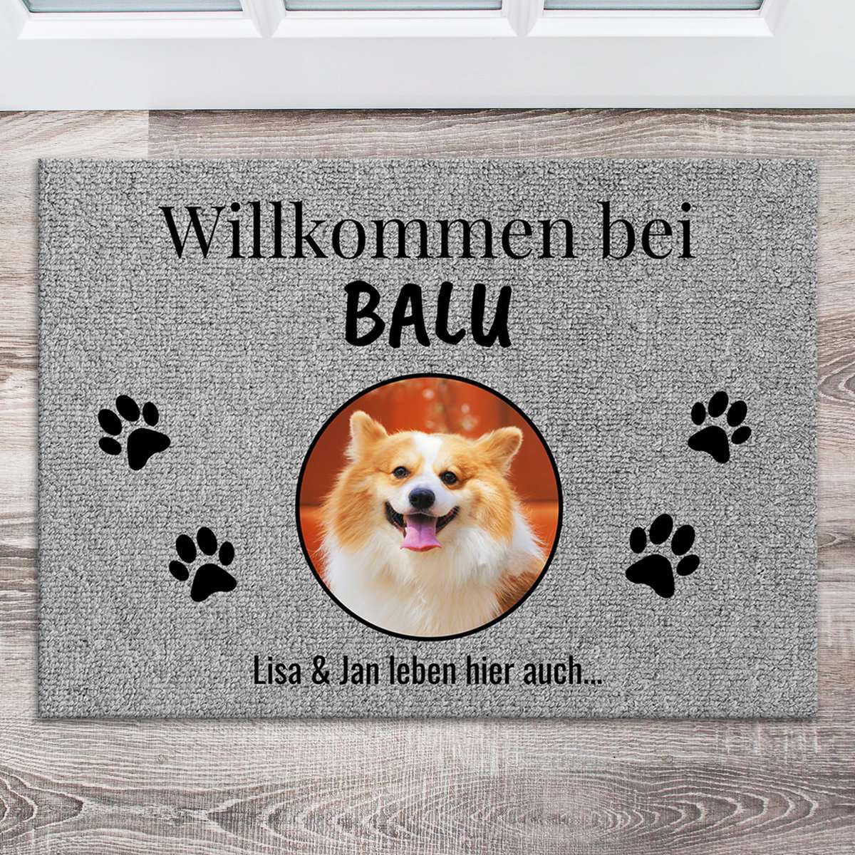 Pet Printed personalisierte Fußmatte mit Foto und Namen - Türmatte für Außen und Innen - Fußabtreter mit Hunde oder Katze selbst gestalten - Grau