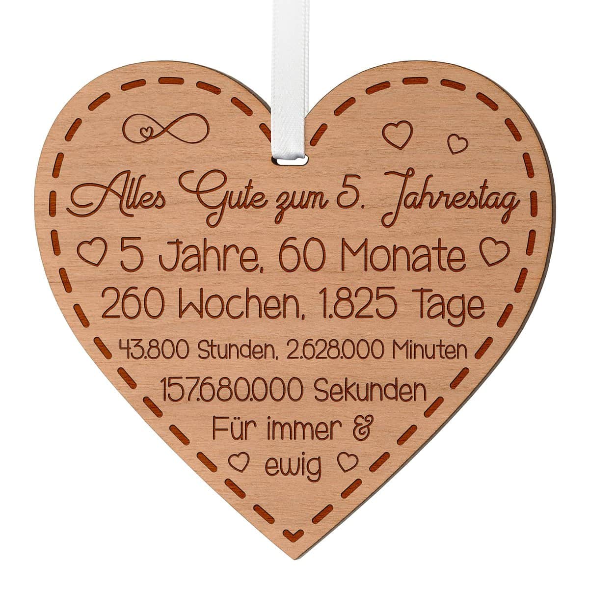 5. Jahrestag Geschenk für Paare 5. Hochzeitstag Geschenke für ihn und sie Jubiläumsgeschenk für Ehemann 5 Jahre Jubiläum Holzherz zum Aufhängen mit Gravur Erinnerung für Ehefrau Ehepartner Partner