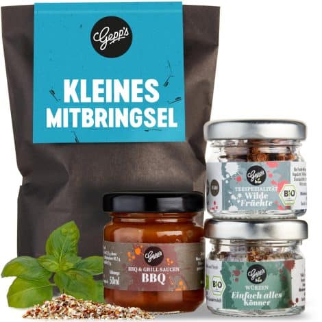 Gepp’s Feinkost Überraschungsbox “Kleines Mitbringsel” – gefüllt mit BBQ-Sauce, Bio-Gewürz und Bio-Tee. Perfekter Delikatessen-Geschenkkorb für Dankes- und Mitbringsel.