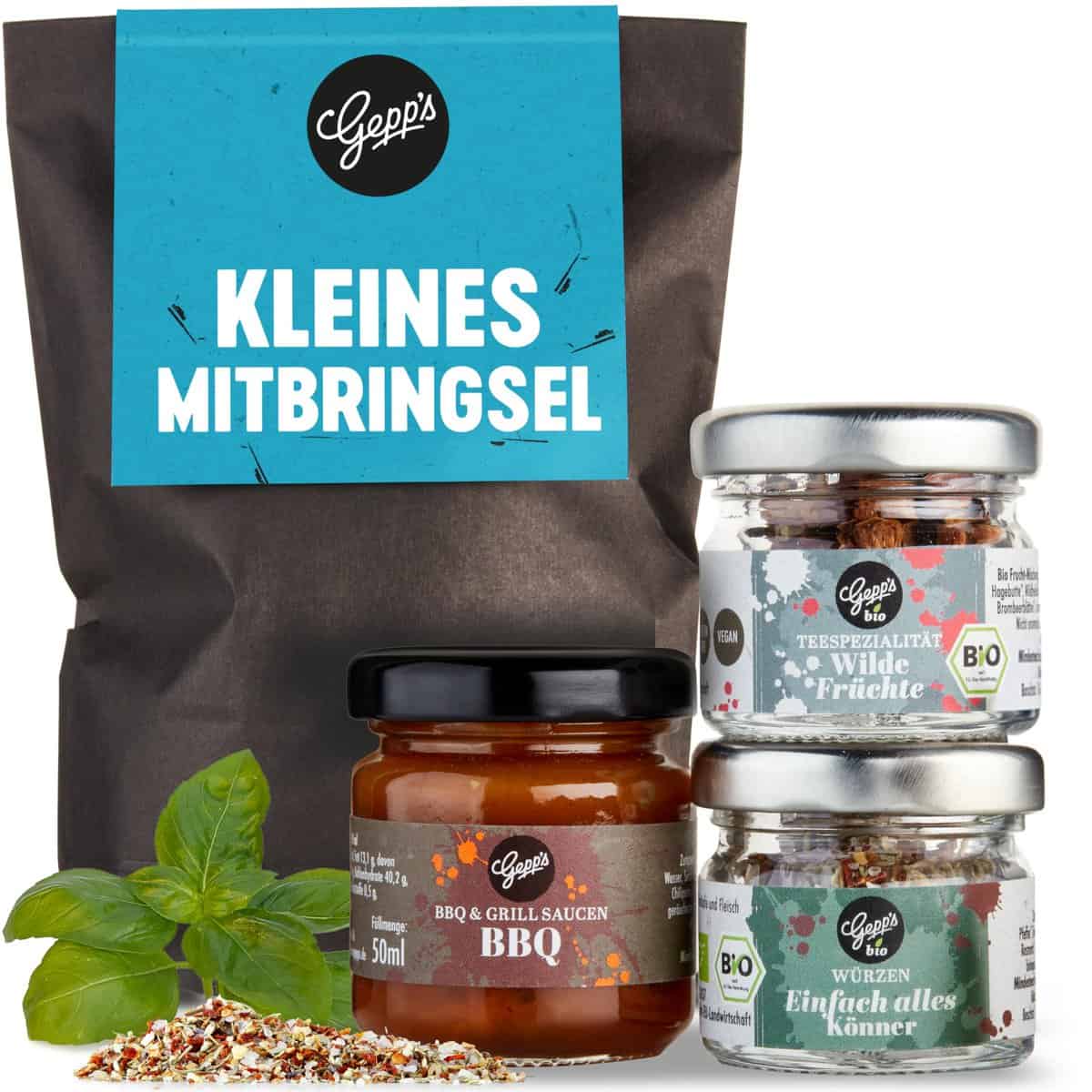 Gepp's Feinkost Wundertüte "Kleines Mitbringsel" I Geschenkbox zum Mitbringen & Bedanken, gefüllt mit Feinkost wie BBQ-Sauce, Bio-Gewürz & Bio-Tee I Delikatessen-Geschenkkorb für jeden Anlass