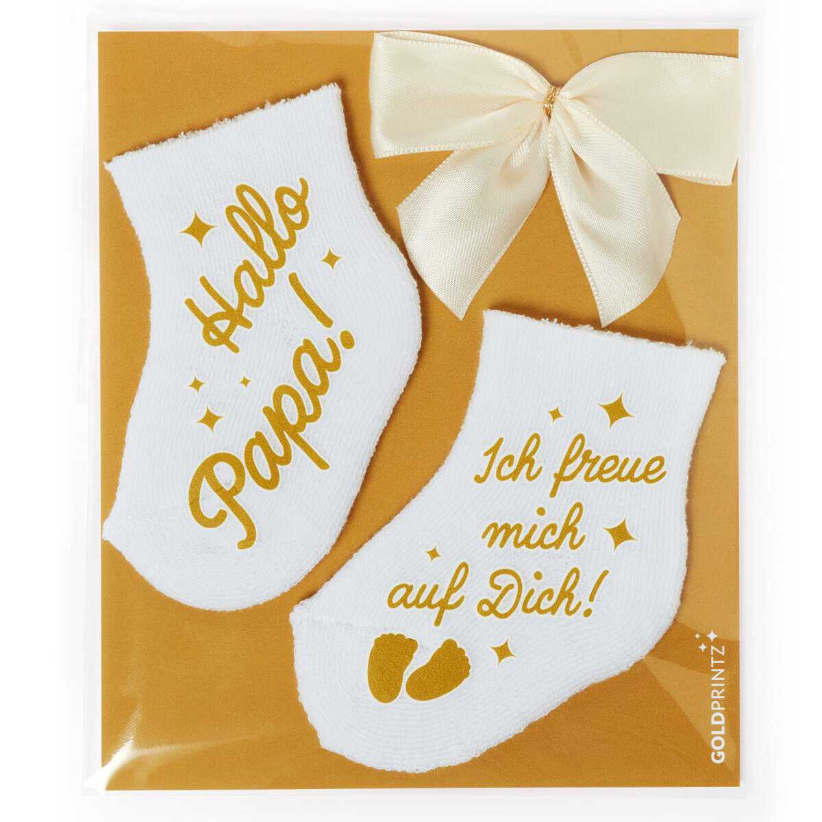 goldprintz I Hallo I Du wirst Papa I Schwangerschaft verkünden mit einzigartiger Babysocken-Postkarte I Gold bedruckte Erstlingssocken I Geschenk I wir bekommen ein Baby